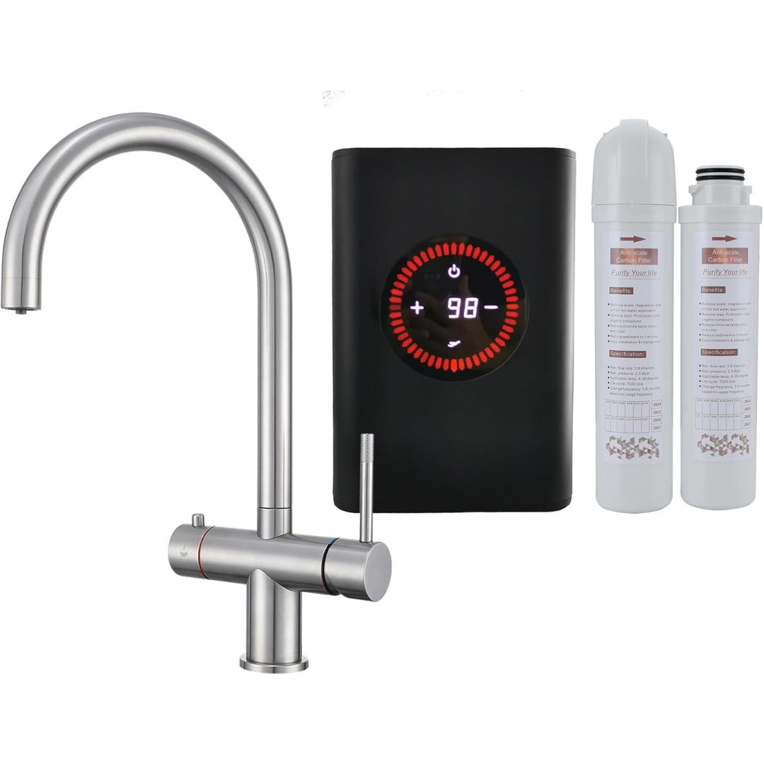 Rubinetto e accumulo per le bevande calde con corpo in acciaio inox e con rubinetto di servizio