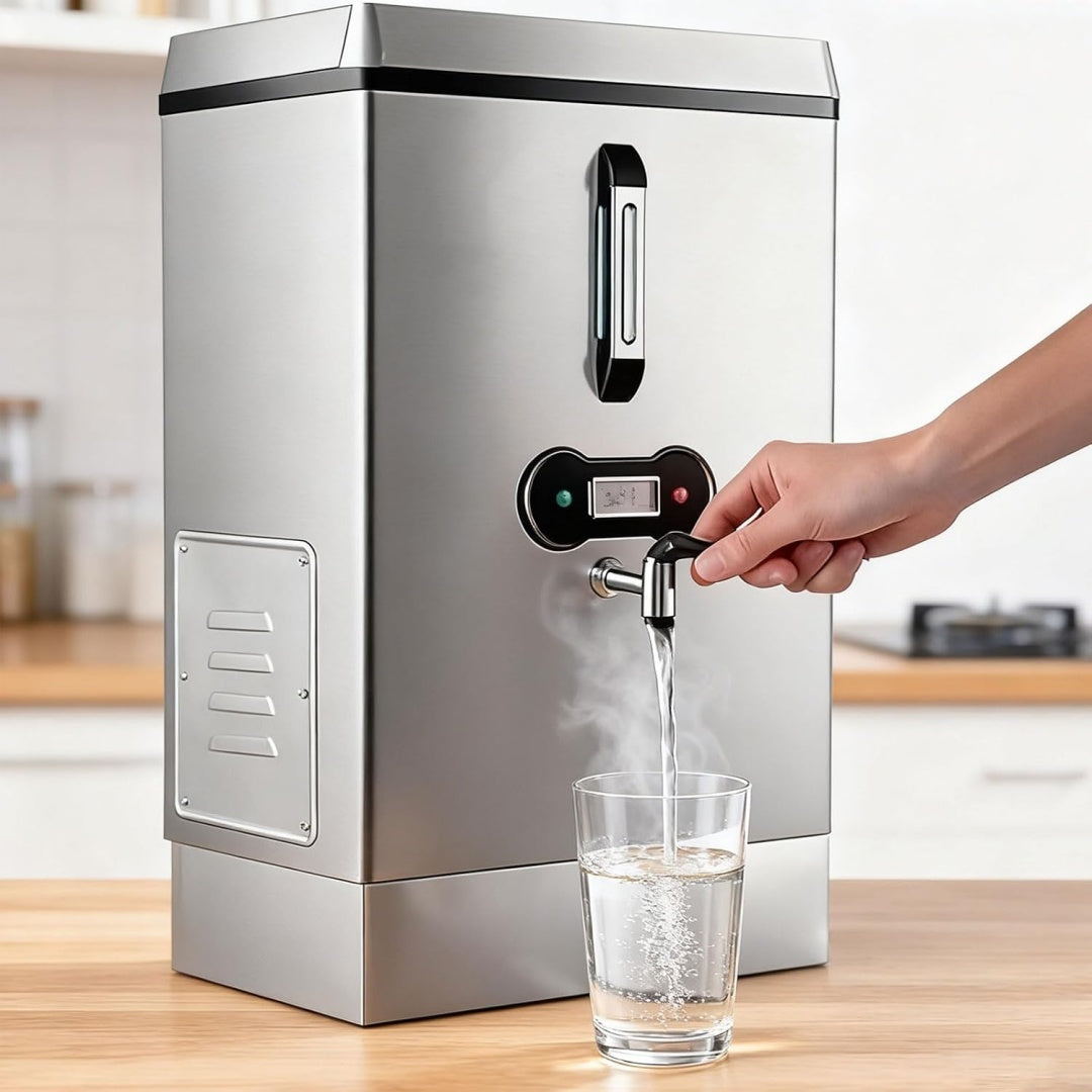 Bevande preparate da una riserva di acqua calda con rubinetto di servizio e di colore argento