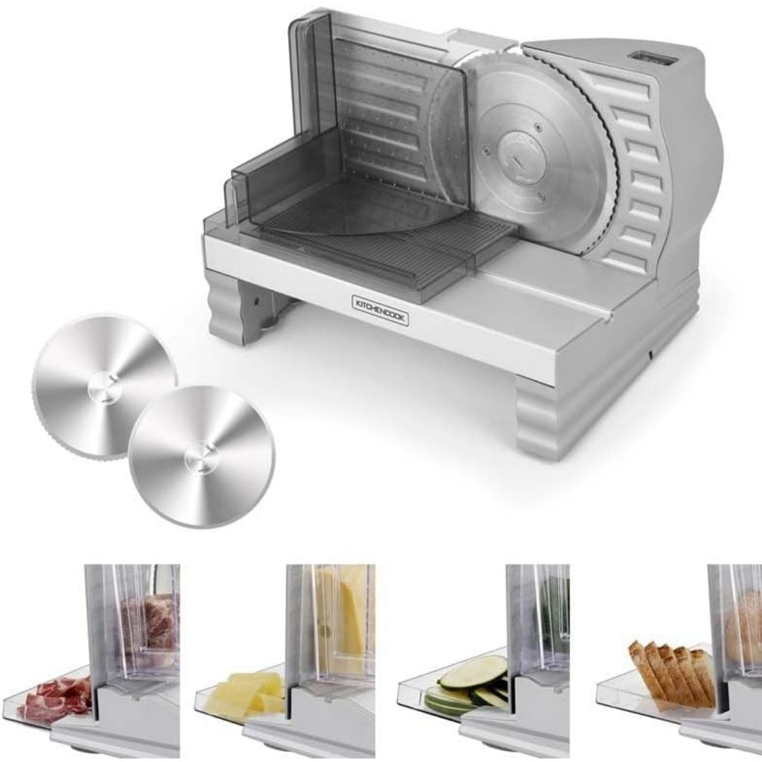 Affettatrice per porzionare gli ingredienti con corpo in acciaio inox e con appoggio antiscivolo